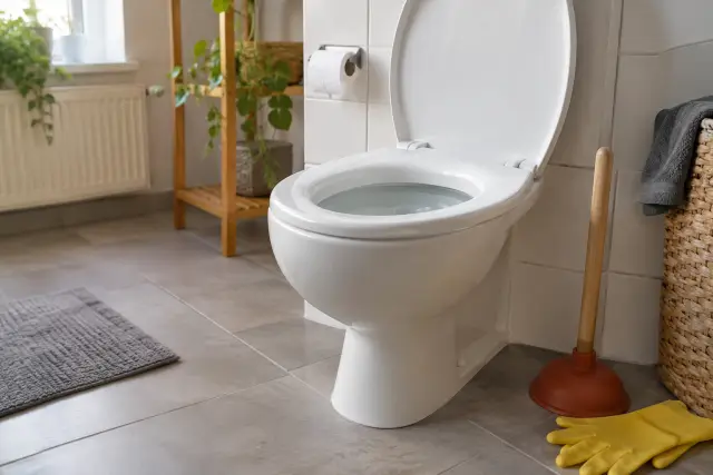 Saugglocke und Schutzhandschuhe neben einer Toilette in einem gepflegten Badezimmer